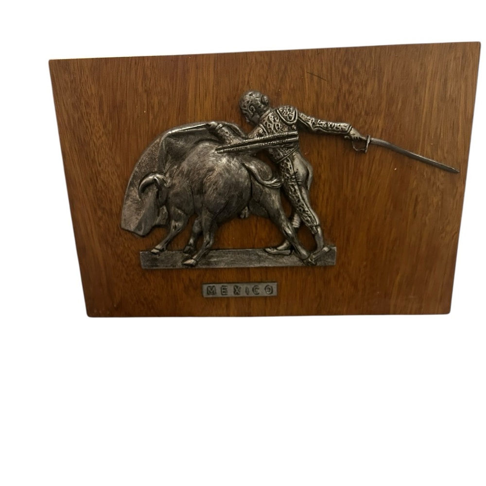 Vintage MCM relief plaque depicting a matador and a bull with Mexico
